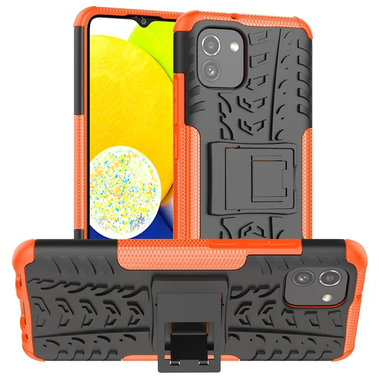 For Samsung Galaxy A03 (166.5 x 75.98 x 9.14mm) (EU Version) Kickstand Soft TPU + Hard PC Shockproof Fashion Tire Texture Protective Case - Orange
