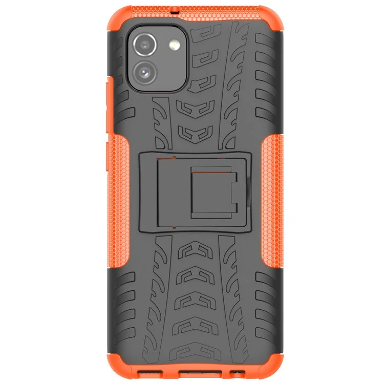 For Samsung Galaxy A03 (166.5 x 75.98 x 9.14mm) (EU Version) Kickstand Soft TPU + Hard PC Shockproof Fashion Tire Texture Protective Case - Orange
