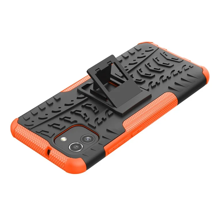 For Samsung Galaxy A03 (166.5 x 75.98 x 9.14mm) (EU Version) Kickstand Soft TPU + Hard PC Shockproof Fashion Tire Texture Protective Case - Orange