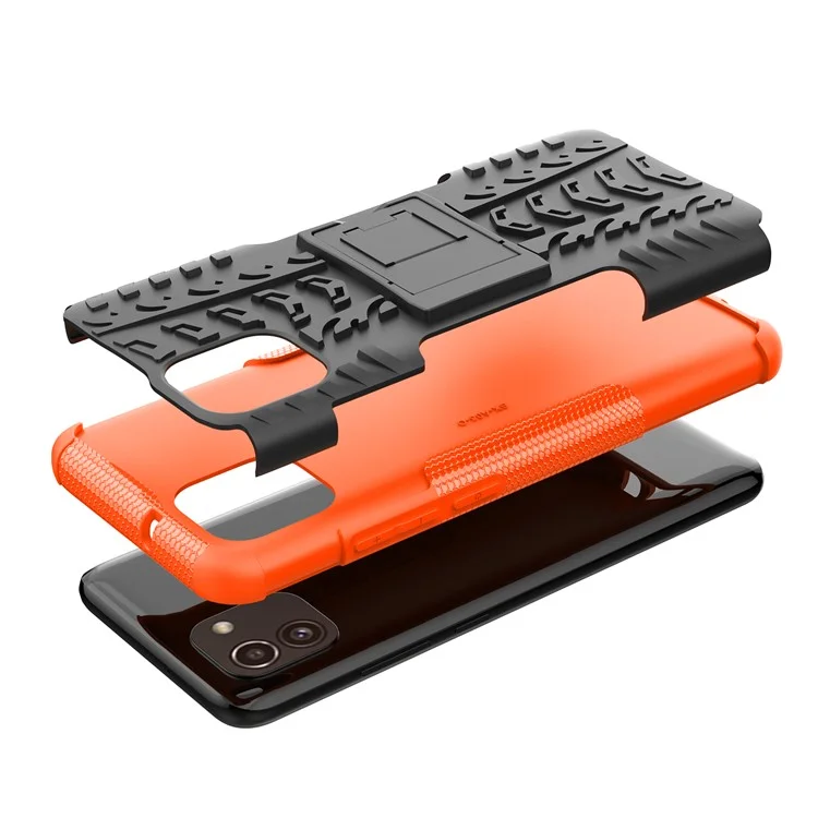 For Samsung Galaxy A03 (166.5 x 75.98 x 9.14mm) (EU Version) Kickstand Soft TPU + Hard PC Shockproof Fashion Tire Texture Protective Case - Orange