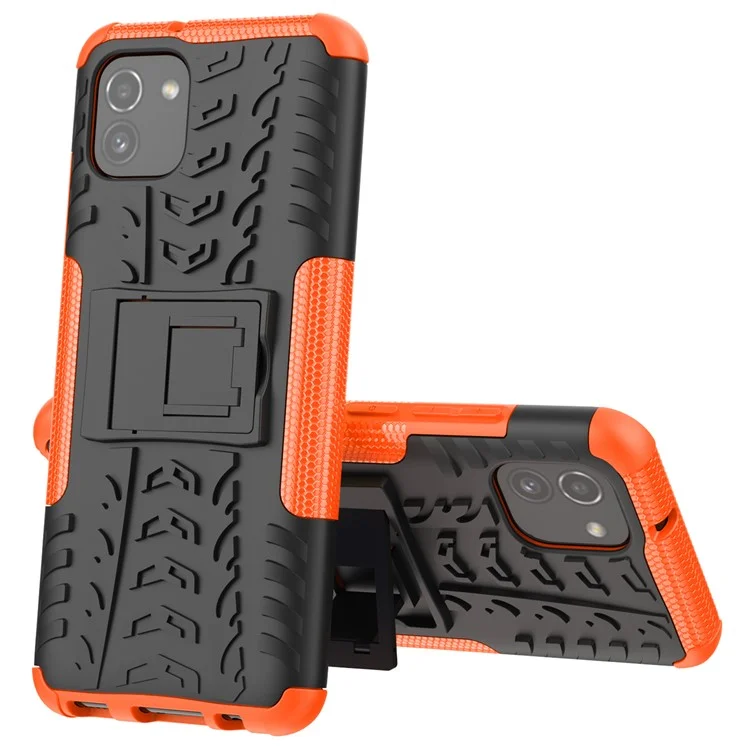 For Samsung Galaxy A03 (166.5 x 75.98 x 9.14mm) (EU Version) Kickstand Soft TPU + Hard PC Shockproof Fashion Tire Texture Protective Case - Orange