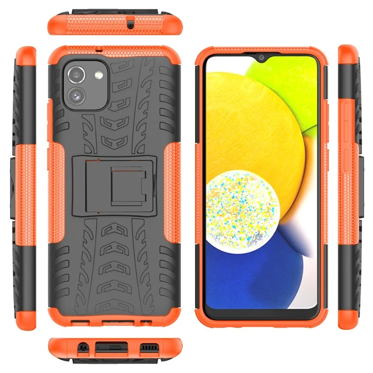 For Samsung Galaxy A03 (166.5 x 75.98 x 9.14mm) (EU Version) Kickstand Soft TPU + Hard PC Shockproof Fashion Tire Texture Protective Case - Orange