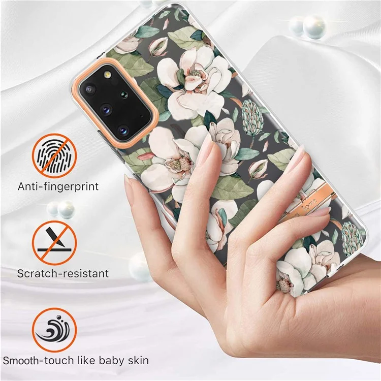 Чехол для телефона Samsung Galaxy S20 Plus/S20 Plus 5G с цветочным рисунком, серия LB5, IMD IML Electroplating TPU - HC001 Green Gardenia