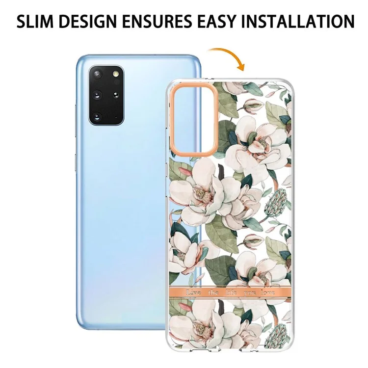 Чехол для телефона Samsung Galaxy S20 Plus/S20 Plus 5G с цветочным рисунком, серия LB5, IMD IML Electroplating TPU - HC001 Green Gardenia