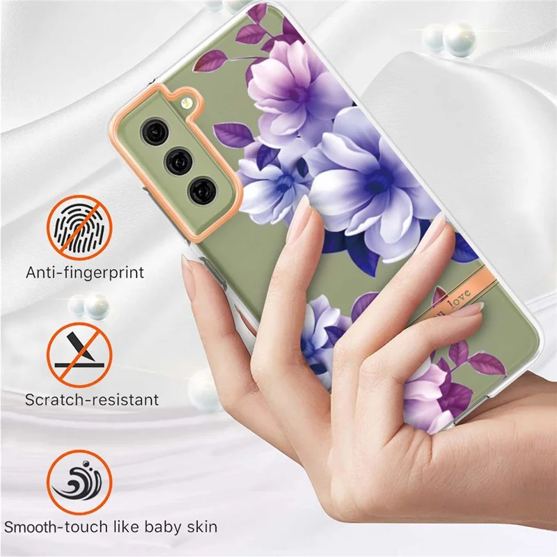 LB5 Series Flower Pattern TPU Case for Samsung Galaxy S21 FE 5G Electroplating IMD IML Mobile Phone Cover - HC004 Purple Begonia
