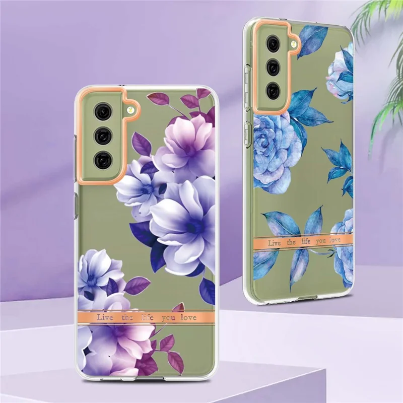LB5 Series Flower Pattern TPU Case for Samsung Galaxy S21 FE 5G Electroplating IMD IML Mobile Phone Cover - HC004 Purple Begonia