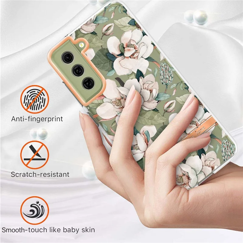 LB5 Series Flower Pattern TPU Case for Samsung Galaxy S21 FE 5G Electroplating IMD IML Mobile Phone Cover - HC001 Green Gardenia