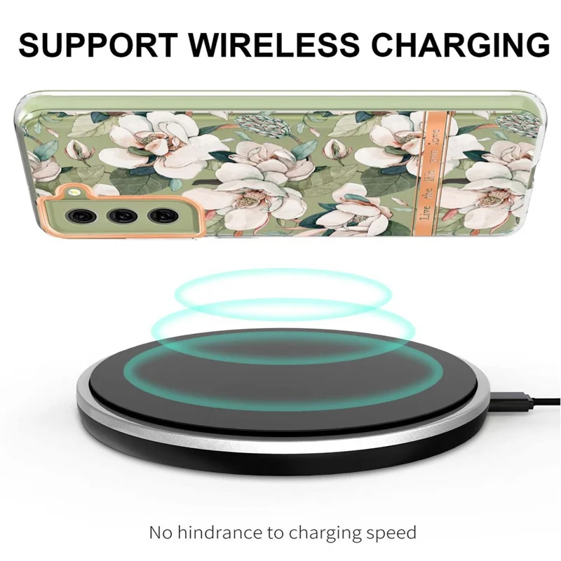 LB5 Series Flower Pattern TPU Case for Samsung Galaxy S21 FE 5G Electroplating IMD IML Mobile Phone Cover - HC001 Green Gardenia