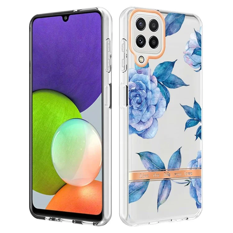Serie LB5 Elettroplating Flower Pattern TPU Custodia Per Samsung Galaxy A22 4G (versione Ue)/m32 (versione Globale) IML Ultra Slim Shell - Peonia Blu HC003