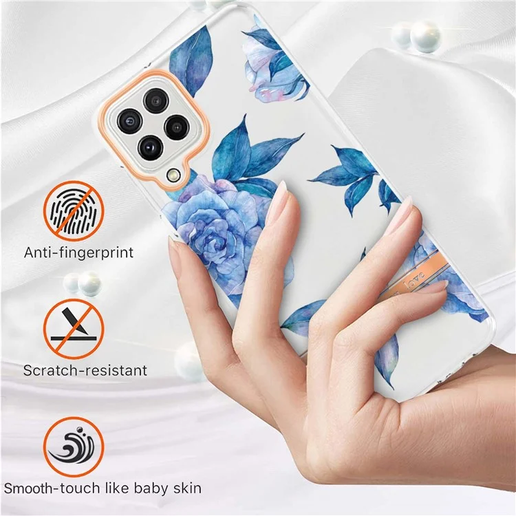 Serie LB5 Elettroplating Flower Pattern TPU Custodia Per Samsung Galaxy A22 4G (versione Ue)/m32 (versione Globale) IML Ultra Slim Shell - Peonia Blu HC003