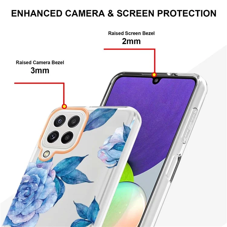 Serie LB5 Elettroplating Flower Pattern TPU Custodia Per Samsung Galaxy A22 4G (versione Ue)/m32 (versione Globale) IML Ultra Slim Shell - Peonia Blu HC003