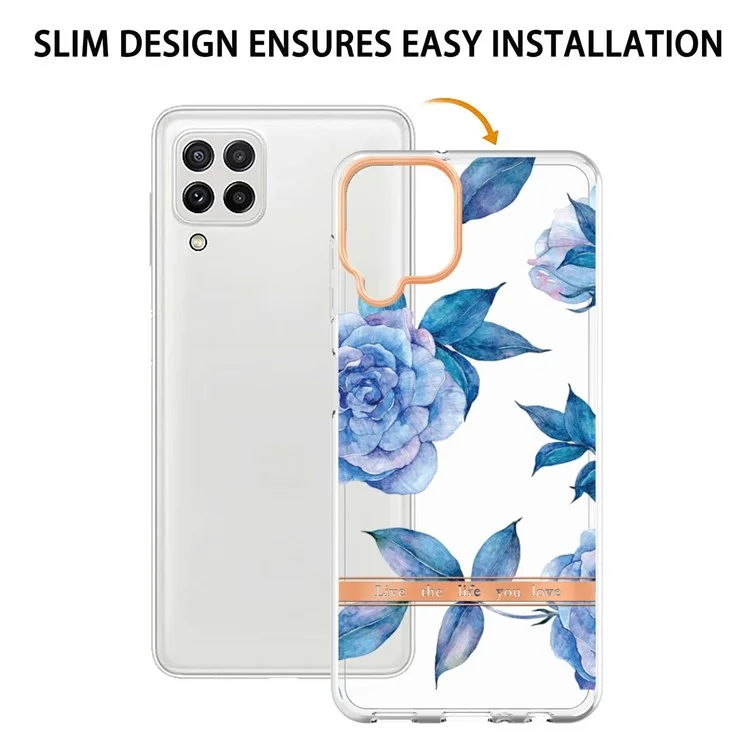 Serie LB5 Elettroplating Flower Pattern TPU Custodia Per Samsung Galaxy A22 4G (versione Ue)/m32 (versione Globale) IML Ultra Slim Shell - Peonia Blu HC003
