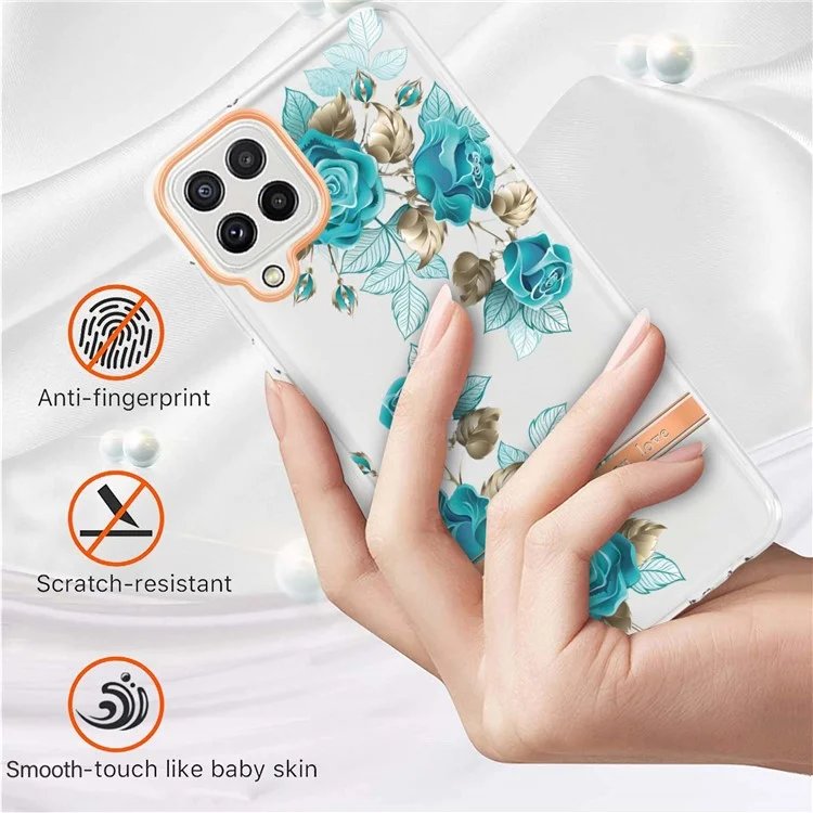 LB5 Série Électroplate de Fleurs Modèle TPU TPU Pour Samsung Galaxy A22 4G (version Ue) / M32 (version Globale) IMD IML Ultra Slim Phone Shell - Rose Bleue HC002
