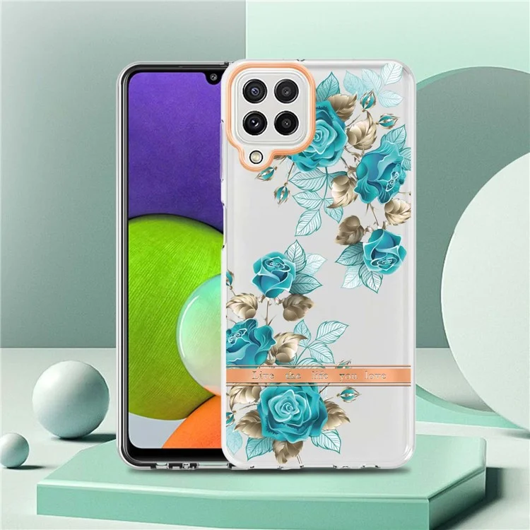 LB5 Série Électroplate de Fleurs Modèle TPU TPU Pour Samsung Galaxy A22 4G (version Ue) / M32 (version Globale) IMD IML Ultra Slim Phone Shell - Rose Bleue HC002