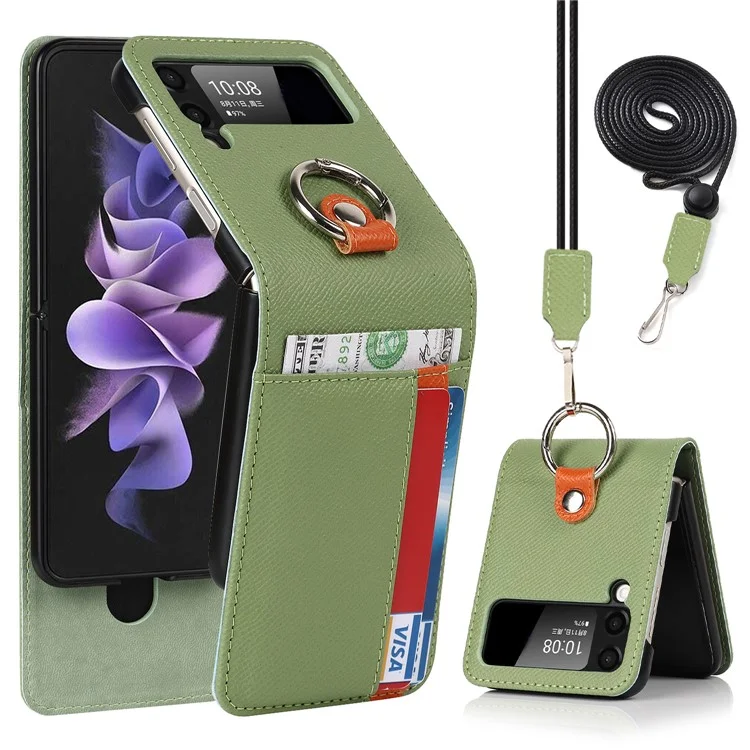 Pour Samsung Galaxy Z Flip3 5G Palm Print Card Slots PU Cuir Étui de Téléphone Couverture avec Bague Support et Support - Vert