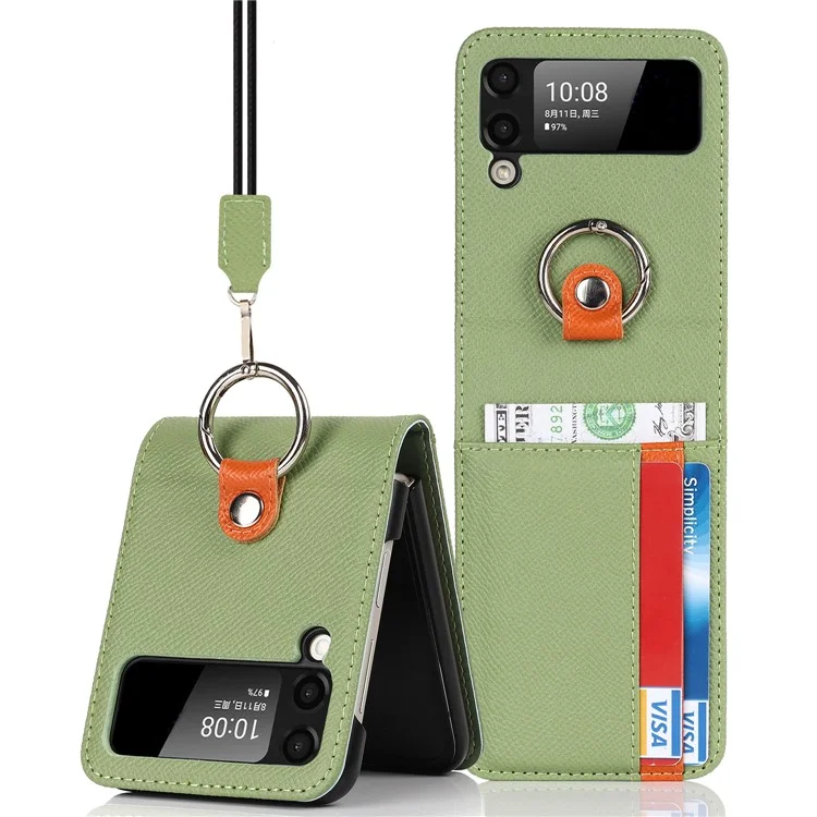 Pour Samsung Galaxy Z Flip3 5G Palm Print Card Slots PU Cuir Étui de Téléphone Couverture avec Bague Support et Support - Vert