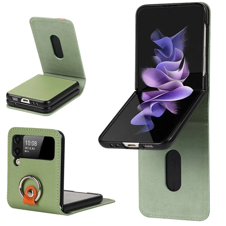 Pour Samsung Galaxy Z Flip3 5G Palm Print Card Slots PU Cuir Étui de Téléphone Couverture avec Bague Support et Support - Vert
