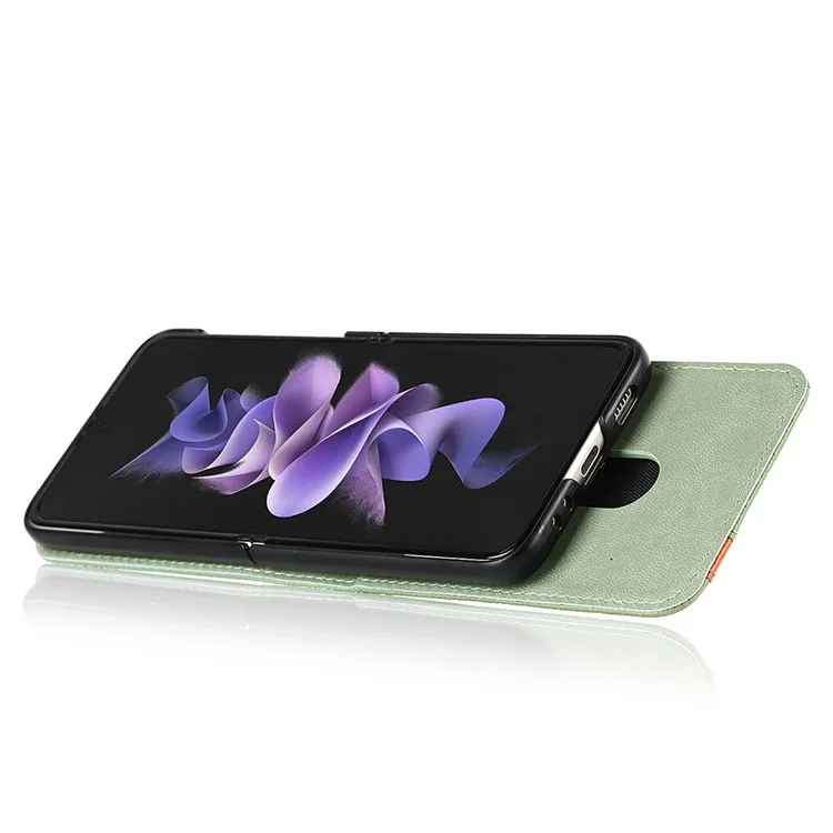 Pour Samsung Galaxy Z Flip3 5G Palm Print Card Slots PU Cuir Étui de Téléphone Couverture avec Bague Support et Support - Vert