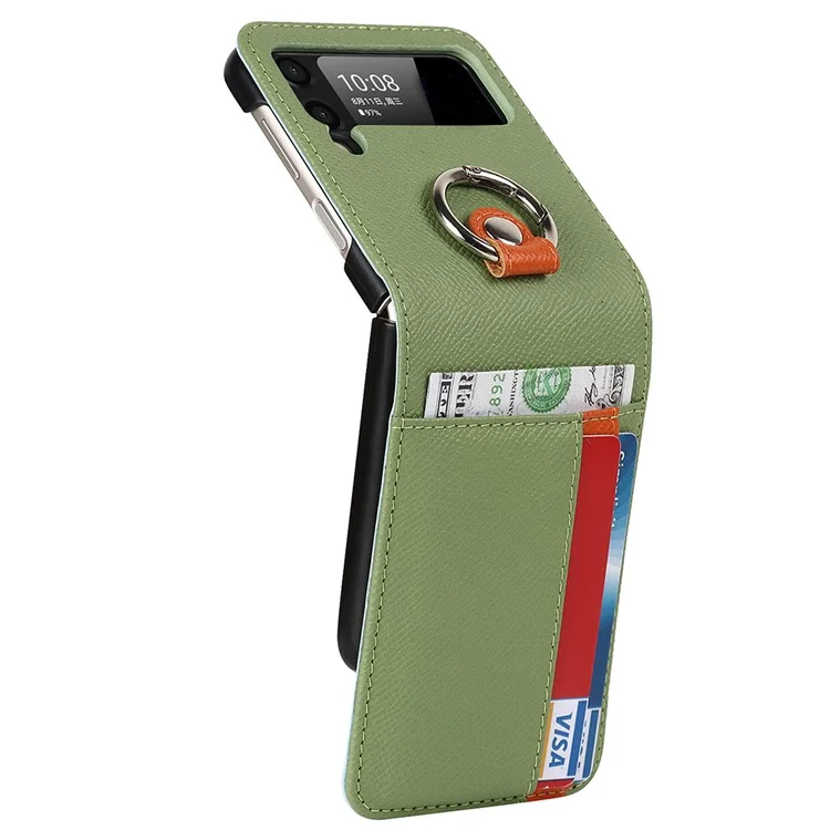 Pour Samsung Galaxy Z Flip3 5G Palm Print Card Slots PU Cuir Étui de Téléphone Couverture avec Bague Support et Support - Vert