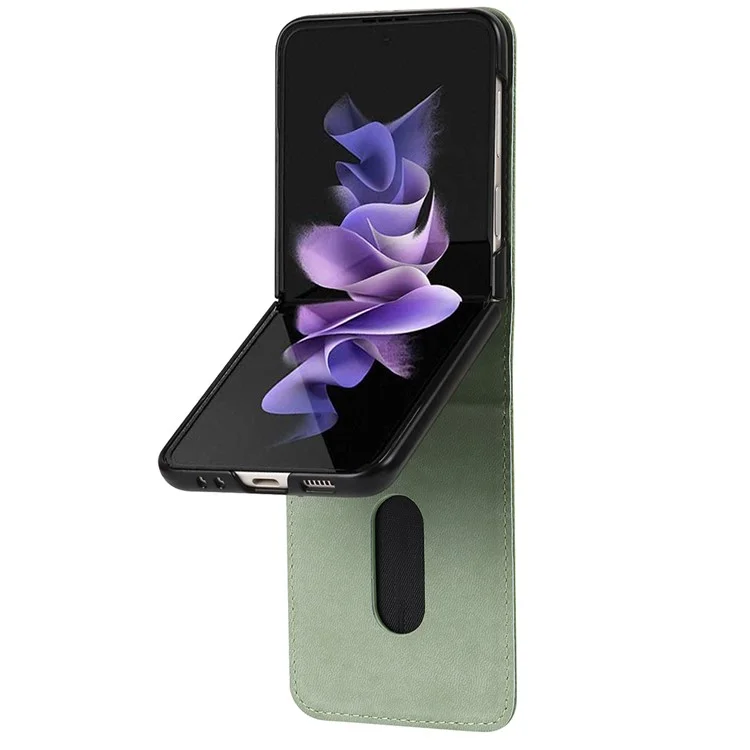 Pour Samsung Galaxy Z Flip3 5G Palm Print Card Slots PU Cuir Étui de Téléphone Couverture avec Bague Support et Support - Vert