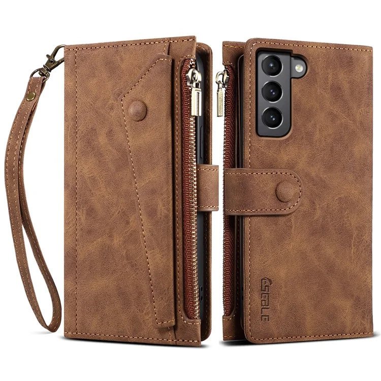 ESEBLE Pour Samsung Galaxy S22 5G Multifunction Zipper Pocket Wallet Stand Phone Cover Case avec Sangle Poignet - Marron