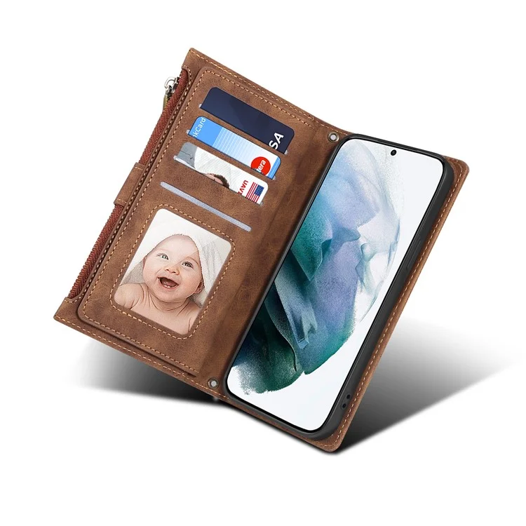ESEBLE Pour Samsung Galaxy S22 5G Multifunction Zipper Pocket Wallet Stand Phone Cover Case avec Sangle Poignet - Marron
