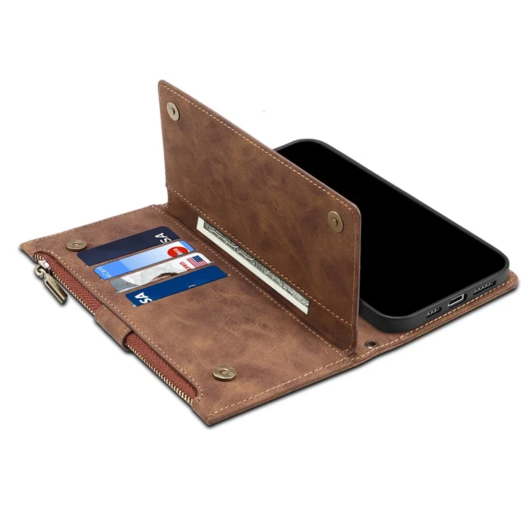 ESEBLE Pour Samsung Galaxy S22 5G Multifunction Zipper Pocket Wallet Stand Phone Cover Case avec Sangle Poignet - Marron