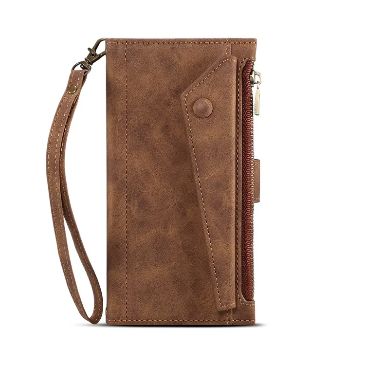 ESEBLE Pour Samsung Galaxy S22 5G Multifunction Zipper Pocket Wallet Stand Phone Cover Case avec Sangle Poignet - Marron