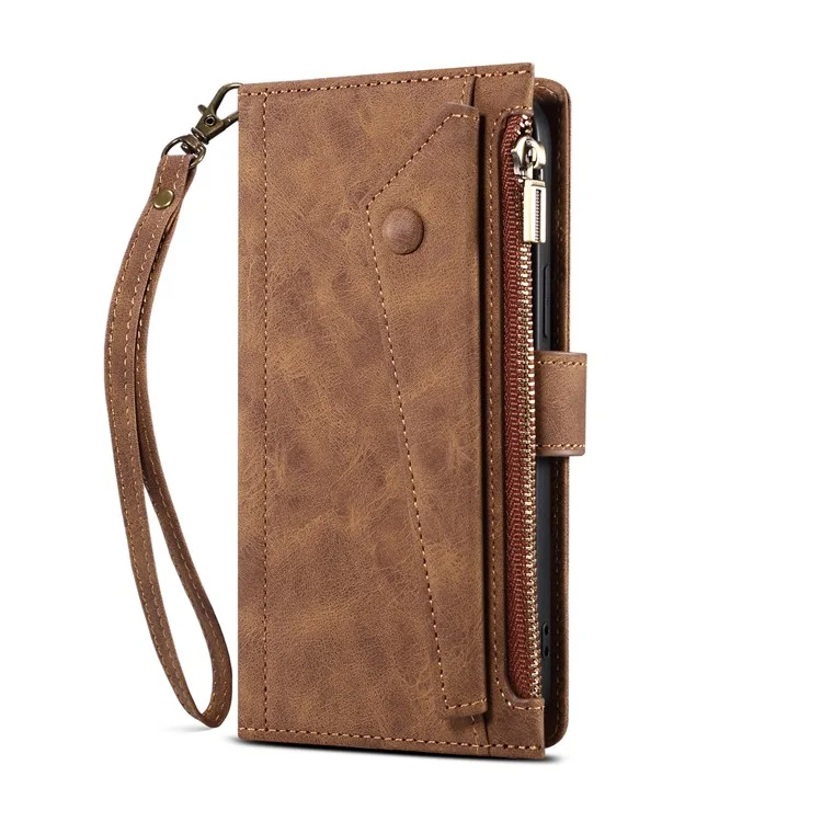 ESEBLE Pour Samsung Galaxy S22 5G Multifunction Zipper Pocket Wallet Stand Phone Cover Case avec Sangle Poignet - Marron