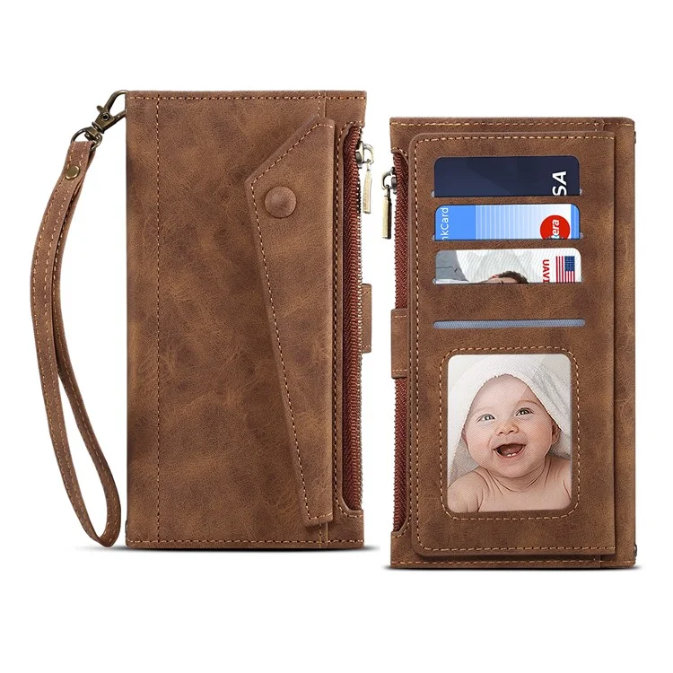 ESEBLE Pour Samsung Galaxy S22 5G Multifunction Zipper Pocket Wallet Stand Phone Cover Case avec Sangle Poignet - Marron
