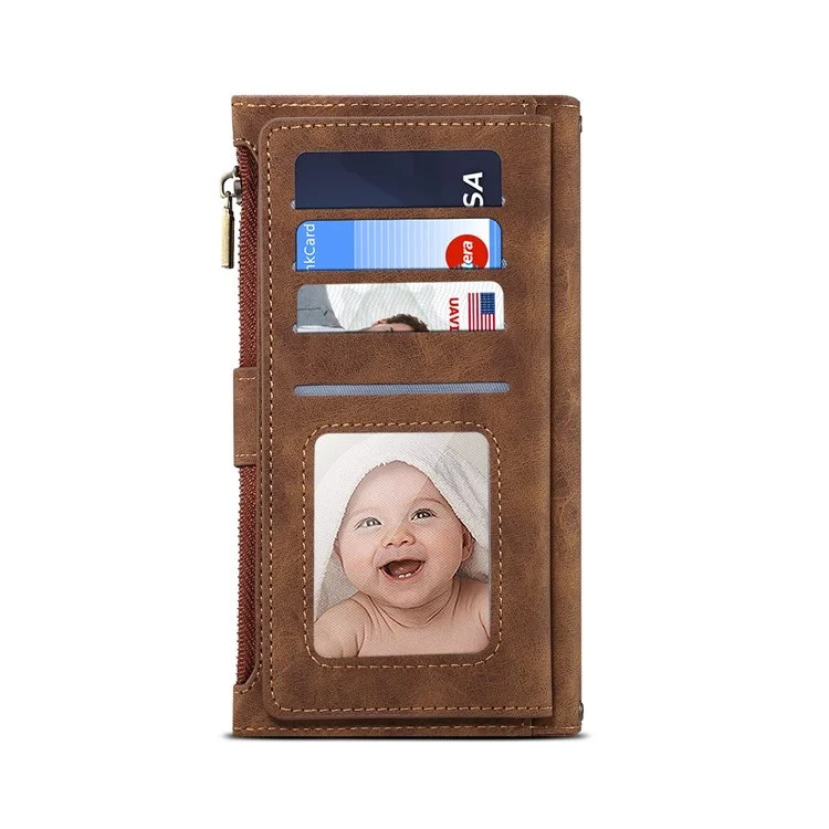 ESEBLE Pour Samsung Galaxy S22 5G Multifunction Zipper Pocket Wallet Stand Phone Cover Case avec Sangle Poignet - Marron