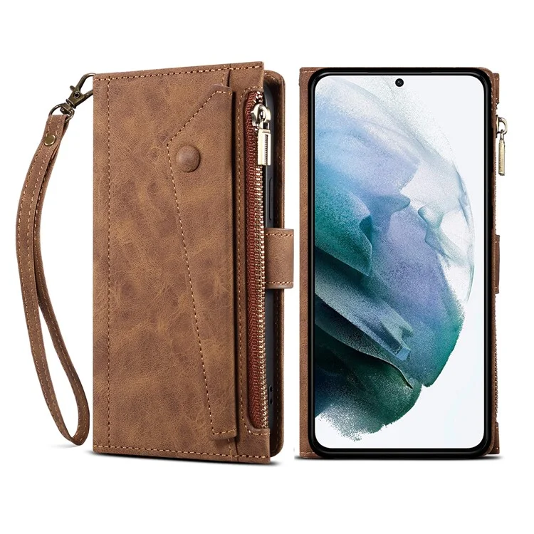 Esblema Para Samsung Galaxy S22 + 5G Multifunción Con Cremallera Pocket Wallet Stand Cover Funda A Prueba De Golpes Con Correa De Muñeca - Marrón