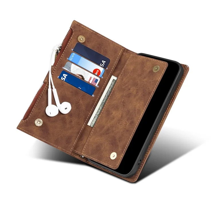 Esblema Para Samsung Galaxy S22 + 5G Multifunción Con Cremallera Pocket Wallet Stand Cover Funda A Prueba De Golpes Con Correa De Muñeca - Marrón