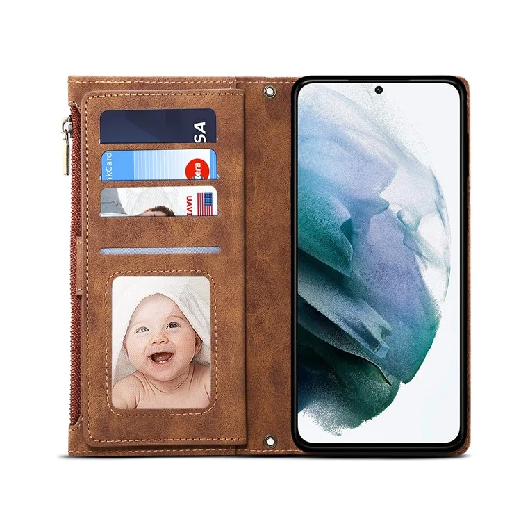 Esblema Para Samsung Galaxy S22 + 5G Multifunción Con Cremallera Pocket Wallet Stand Cover Funda A Prueba De Golpes Con Correa De Muñeca - Marrón