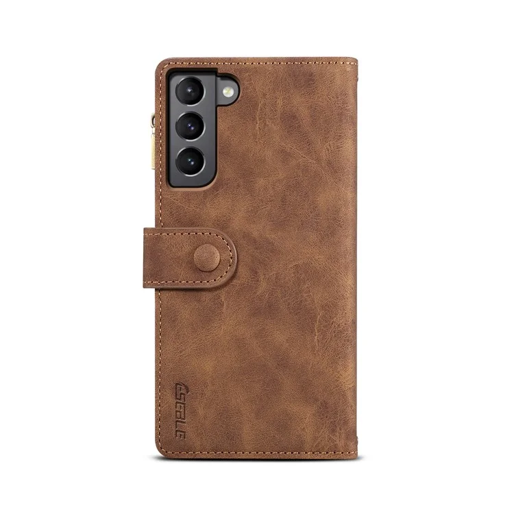 Esblema Para Samsung Galaxy S22 + 5G Multifunción Con Cremallera Pocket Wallet Stand Cover Funda A Prueba De Golpes Con Correa De Muñeca - Marrón