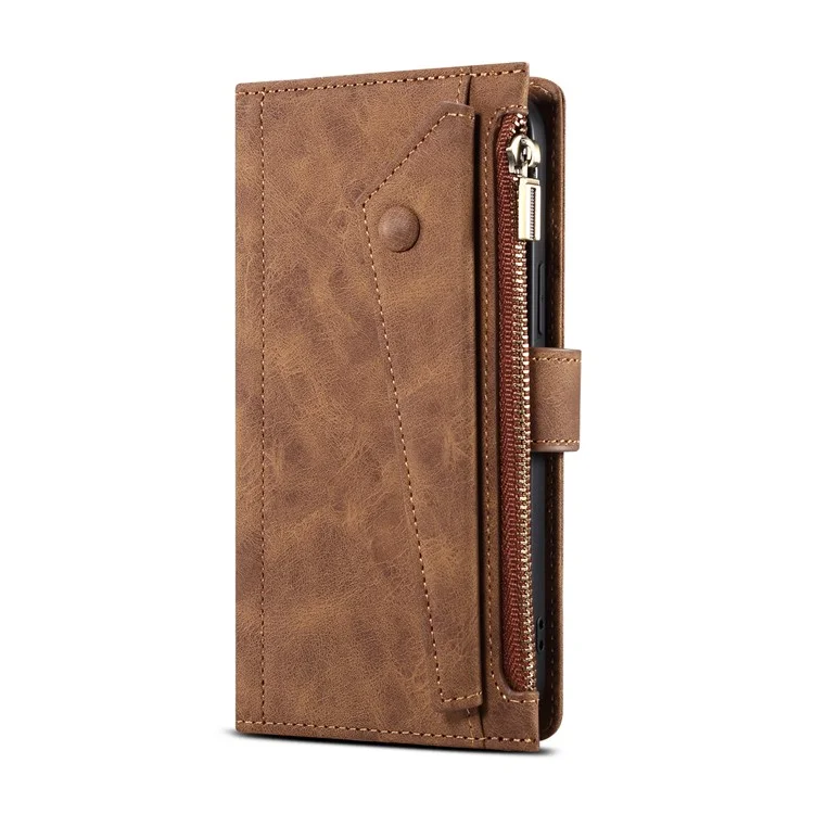 Esblema Para Samsung Galaxy S22 + 5G Multifunción Con Cremallera Pocket Wallet Stand Cover Funda A Prueba De Golpes Con Correa De Muñeca - Marrón