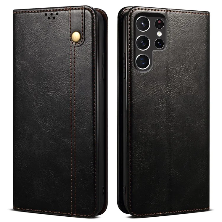 For Samsung Galaxy S22 Ultra 5G Crazy Horse Texture Anti-scratch Waxy PU Leather Magnetic Absorption Wallet Stand Phone Case Cover Shell - Black