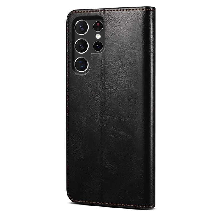 For Samsung Galaxy S22 Ultra 5G Crazy Horse Texture Anti-scratch Waxy PU Leather Magnetic Absorption Wallet Stand Phone Case Cover Shell - Black