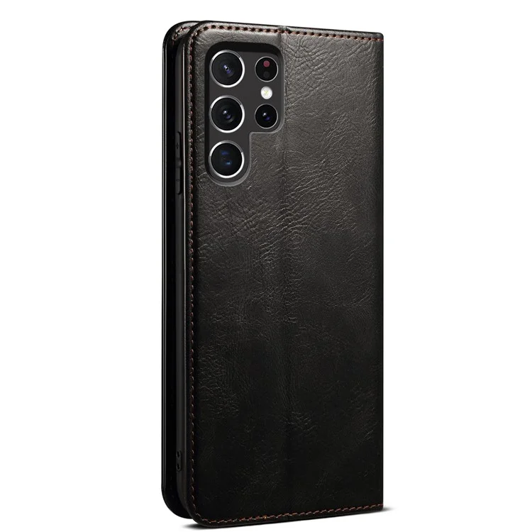 For Samsung Galaxy S22 Ultra 5G Crazy Horse Texture Anti-scratch Waxy PU Leather Magnetic Absorption Wallet Stand Phone Case Cover Shell - Black