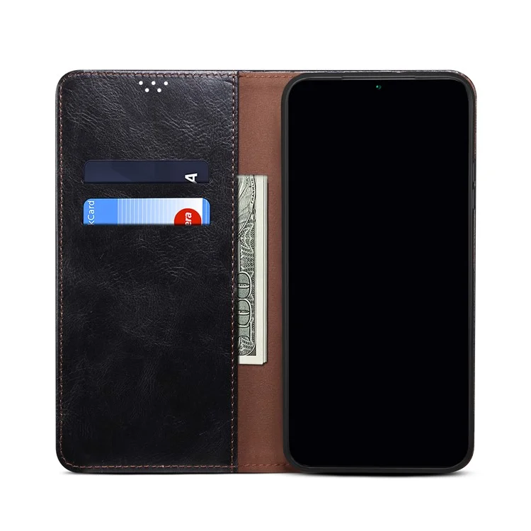 For Samsung Galaxy S22 Ultra 5G Crazy Horse Texture Anti-scratch Waxy PU Leather Magnetic Absorption Wallet Stand Phone Case Cover Shell - Black