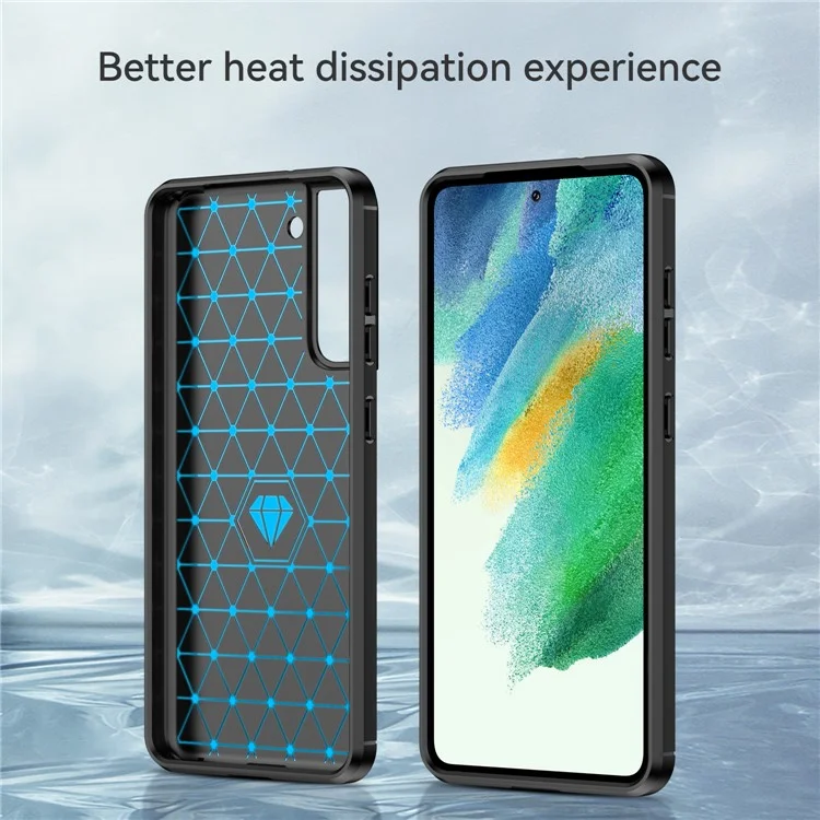 Heat Dissipation TPU Case for Samsung Galaxy S21 FE 5G / S21 Fan Edition, 1.8mm Brushed Surface Carbon Fiber Texture Soft Back Protective Cover - Black