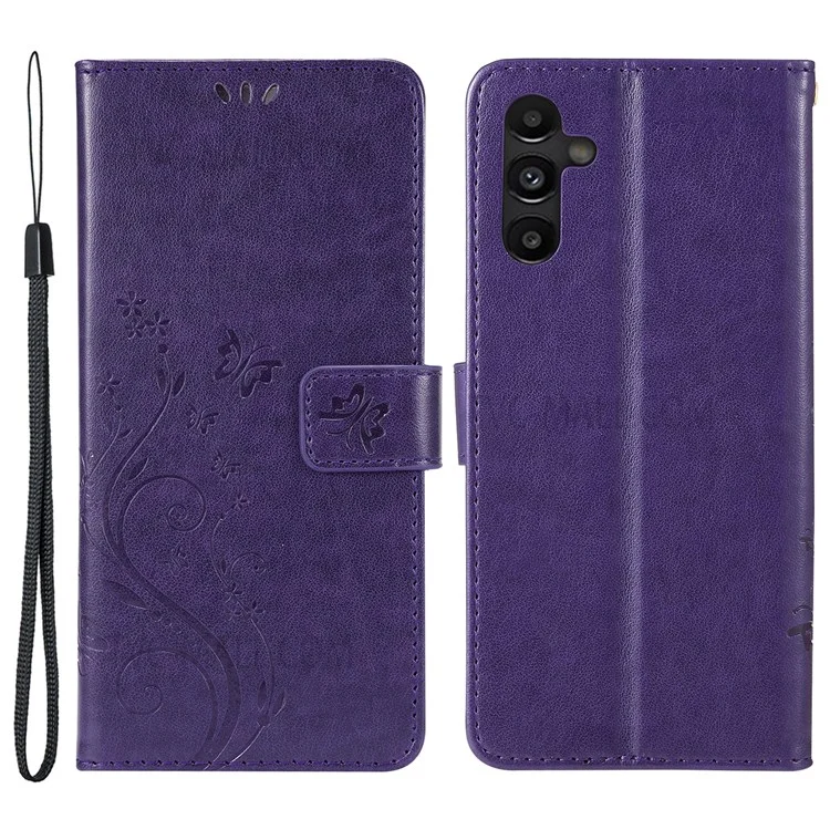 For Samsung Galaxy A13 5G / A04s 4G (164.7 x 76.7 x 9.1 mm) PU Leather Phone Covering Smartphone Case Stylish Imprint Butterflies Practical Wallet - Dark Purple