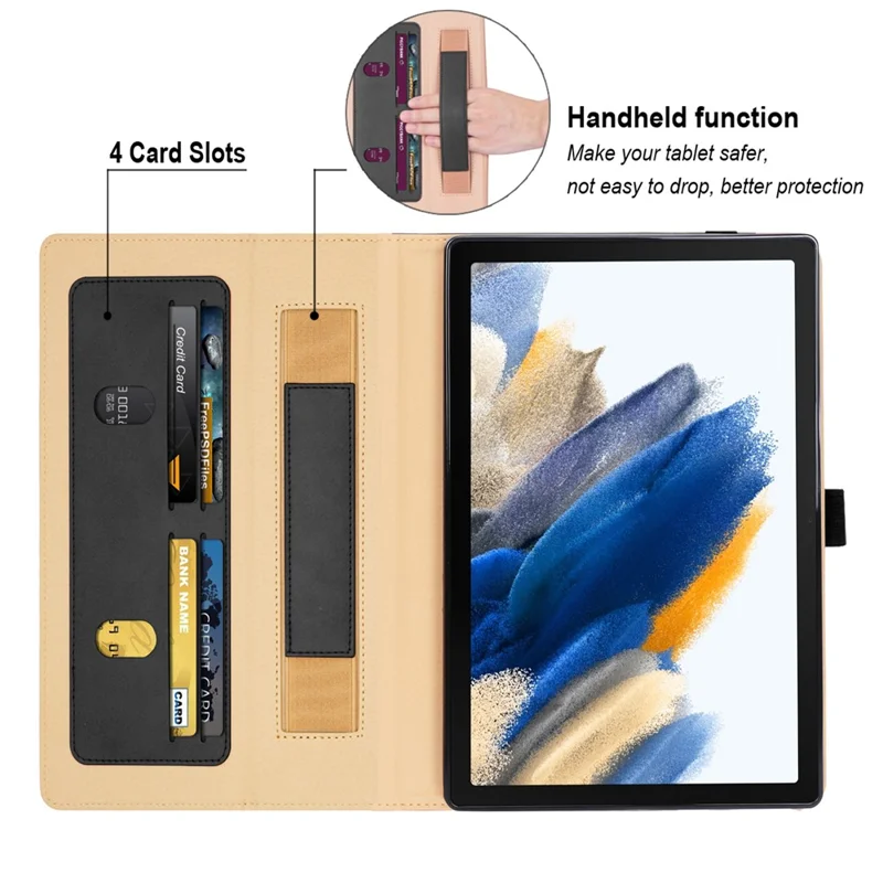 Cover in pelle resistente alle cadute con fessote per carte e stile business per Samsung Galaxy Tab A8 10,5 (2021) / A8 10,5 (2022), supporto incluso, da tenere in mano - Nero