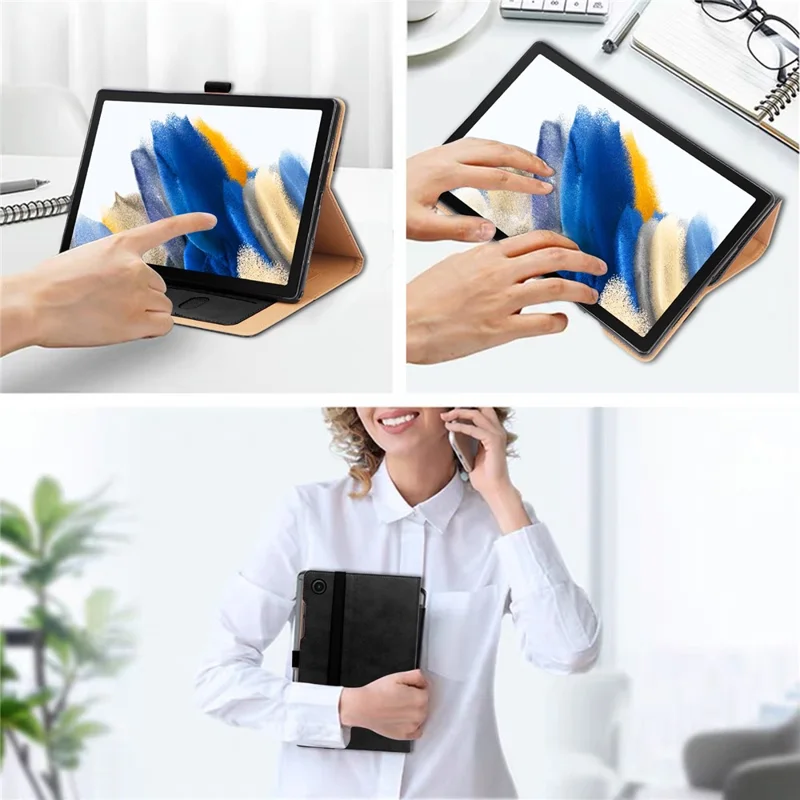Cover in pelle resistente alle cadute con fessote per carte e stile business per Samsung Galaxy Tab A8 10,5 (2021) / A8 10,5 (2022), supporto incluso, da tenere in mano - Nero