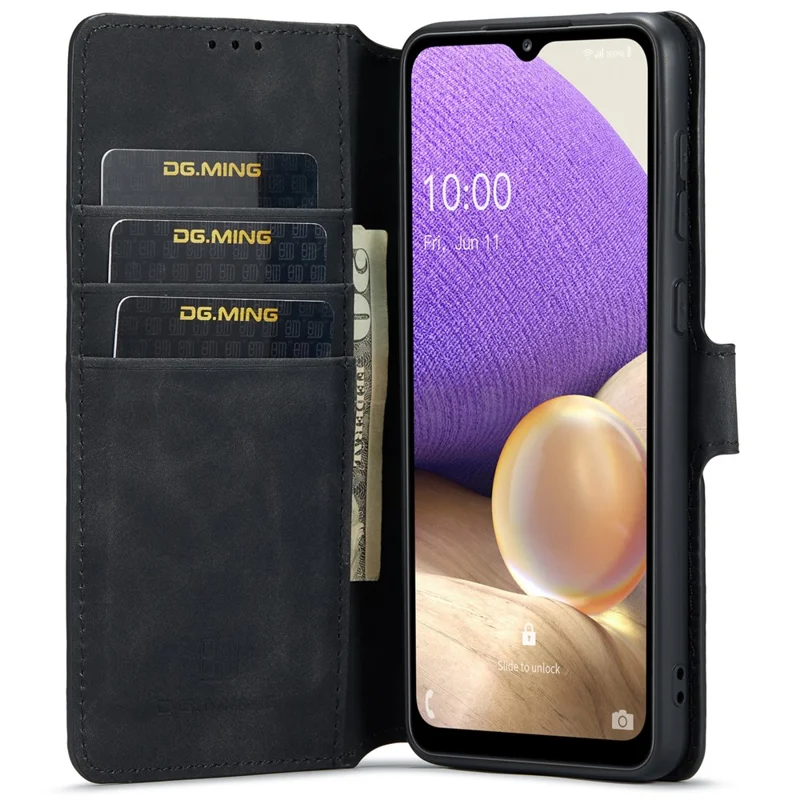 DG.MING For Samsung Galaxy A33 5G Retro Style Magnetic Closure Shockproof PU Leather Wallet Phone Case with Stand - Black