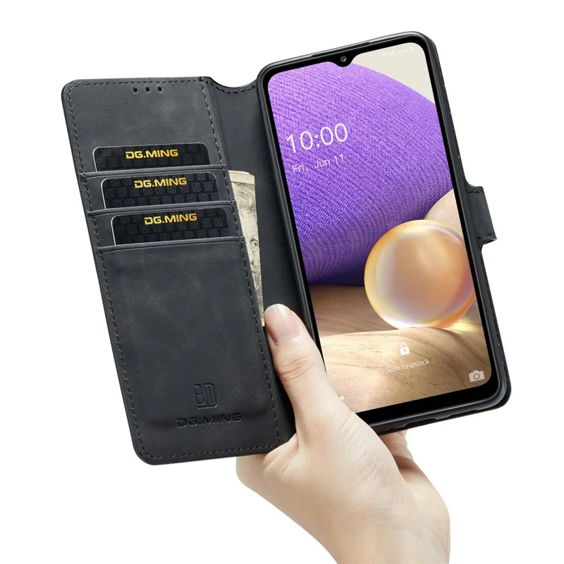 DG.MING For Samsung Galaxy A33 5G Retro Style Magnetic Closure Shockproof PU Leather Wallet Phone Case with Stand - Black