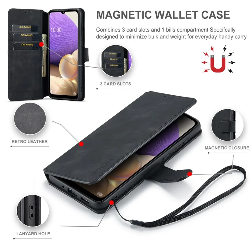 DG.MING For Samsung Galaxy A33 5G Retro Style Magnetic Closure Shockproof PU Leather Wallet Phone Case with Stand - Black