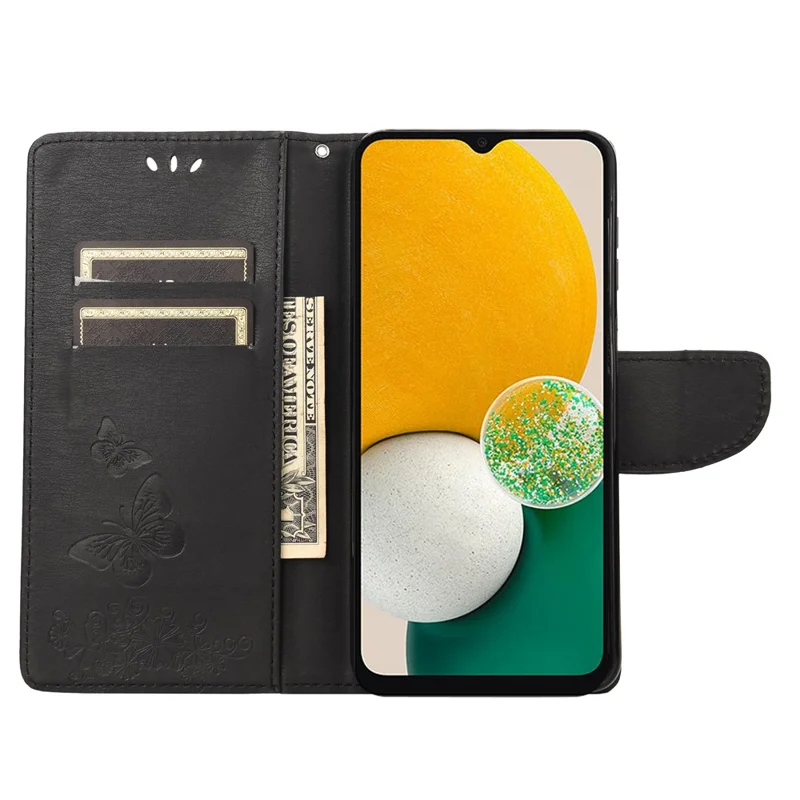 For Samsung Galaxy A13 4G Imprinted Big Butterflies Leather Mobile Phone Case Wallet Stand Phone Case Phone Shell - Black
