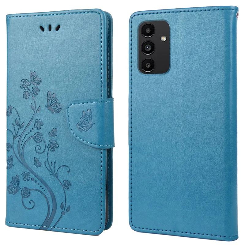 For Samsung Galaxy A13 4G Anti-scratch Stylish Imprint Butterflies Leather Phone Case Practical Wallet Stand Covering - Blue