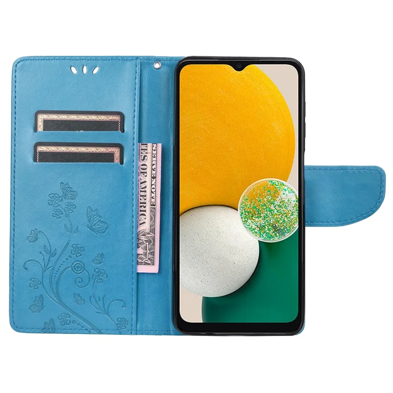 For Samsung Galaxy A13 4G Anti-scratch Stylish Imprint Butterflies Leather Phone Case Practical Wallet Stand Covering - Blue